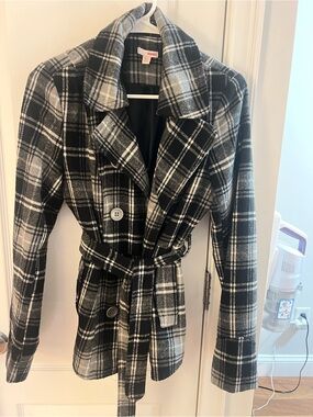 BONGO Black & White Plaid Belted Peacoat